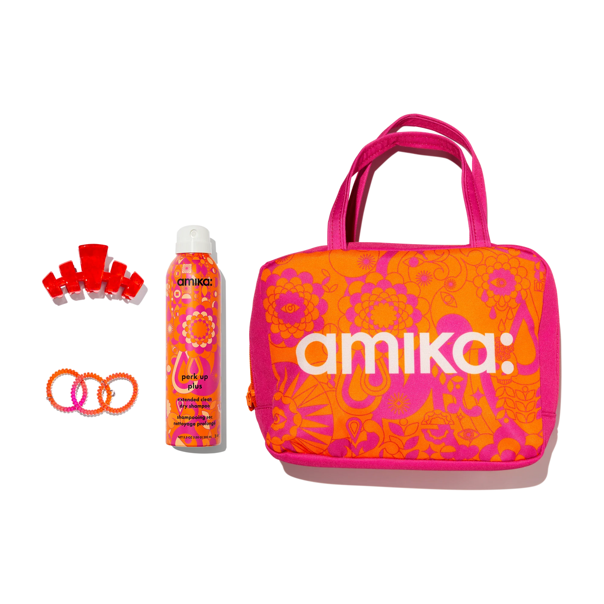 amika x TELETIES necessities set | 3 pc hair ties, clip, essentials bag + perk up plus